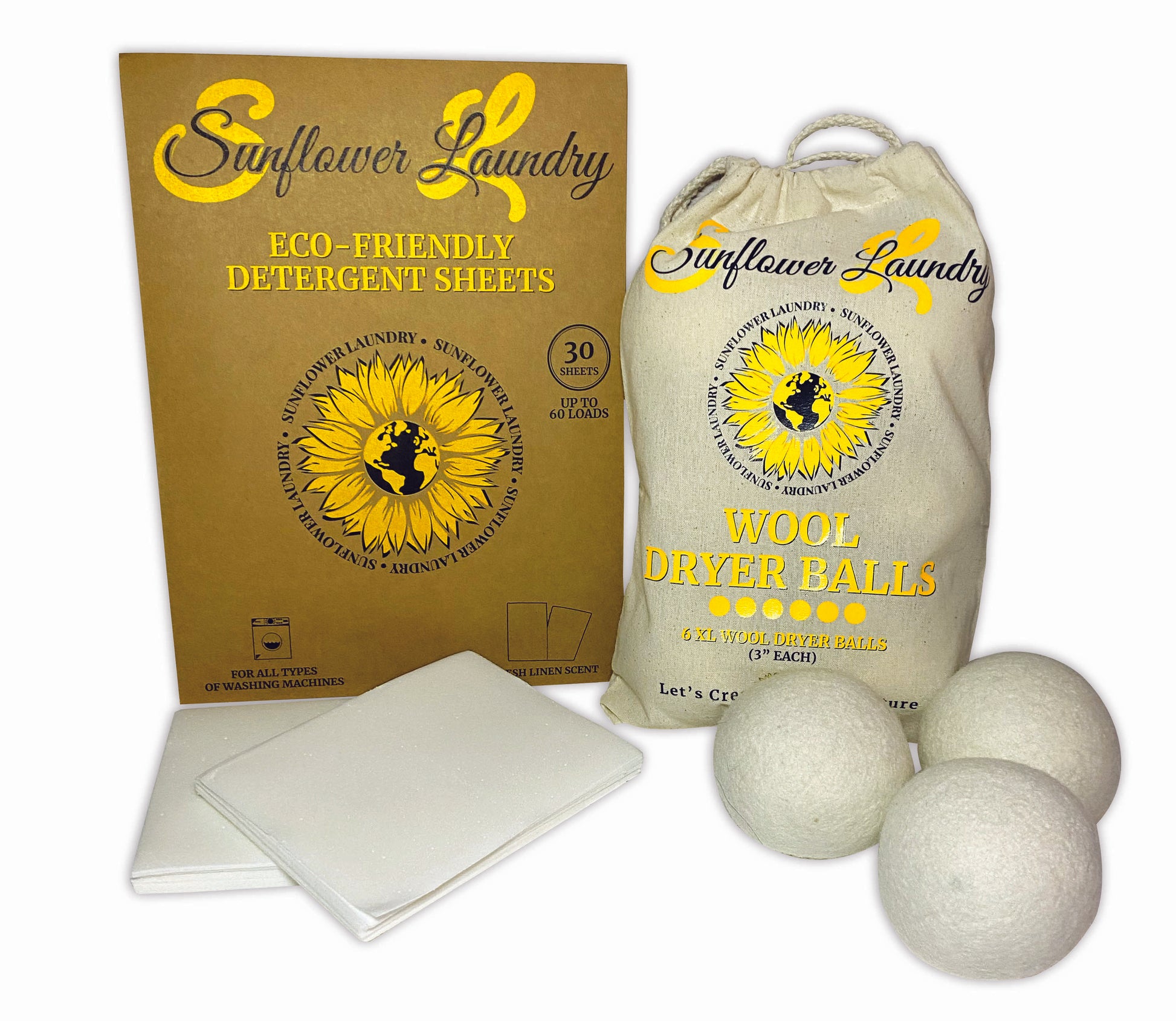 Eco Friendly Wool Dryer Balls & Detergent Sheets